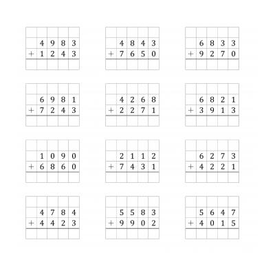 Примеры на сложение и вычитание четырехзначных чисел столбиком - распечатать, скачать бесплатно
