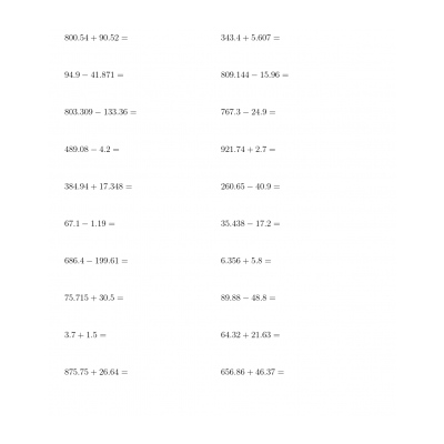Примеры на сложение и вычитание десятичных дробей (5-6 класс) - распечатать, скачать бесплатно
