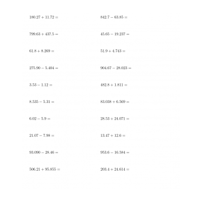 Примеры на сложение и вычитание десятичных дробей (5-6 класс) - распечатать, скачать бесплатно